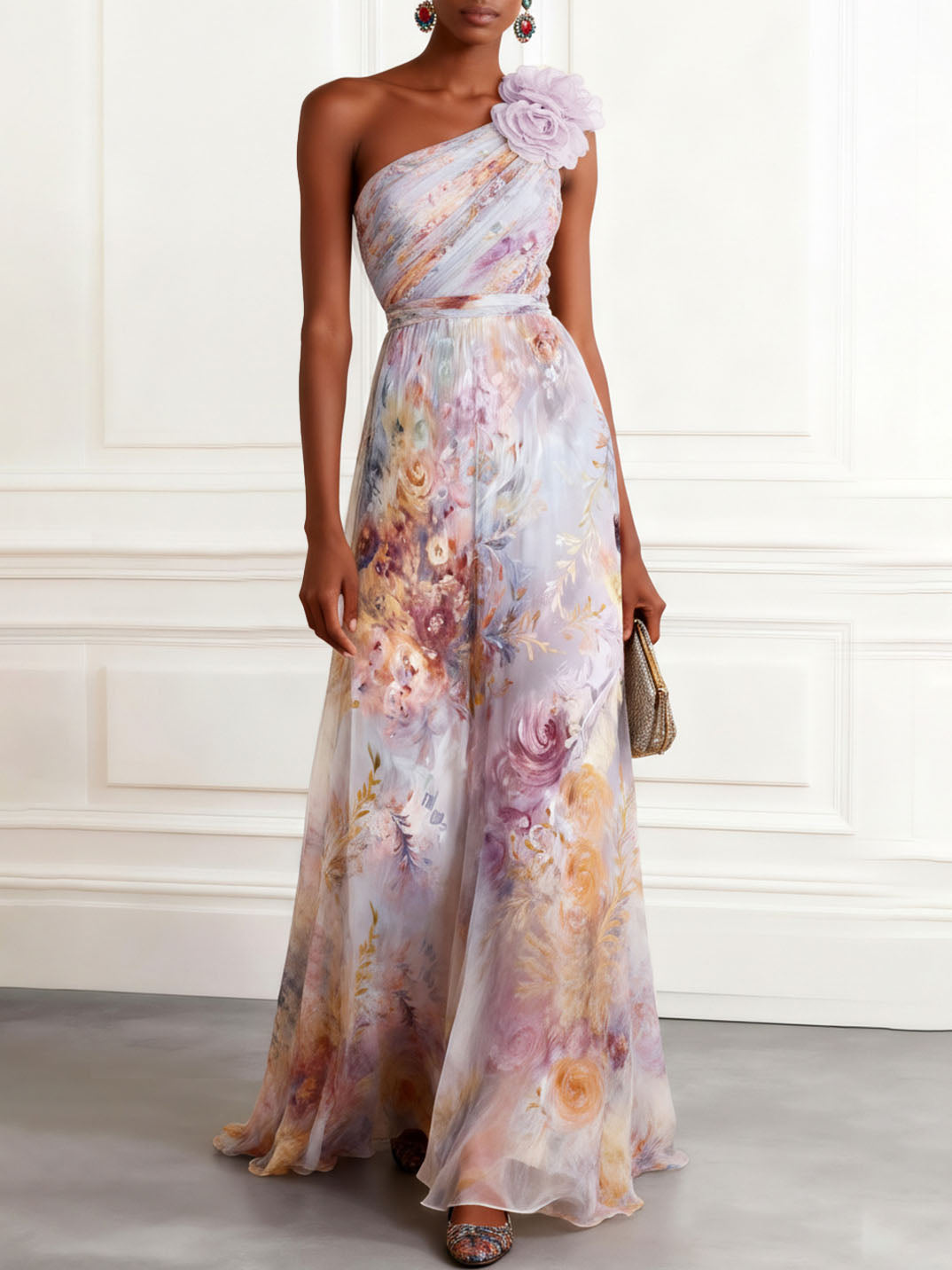 Elegant One-Shoulder Floral Print Chiffon Maxi Dress Multi
