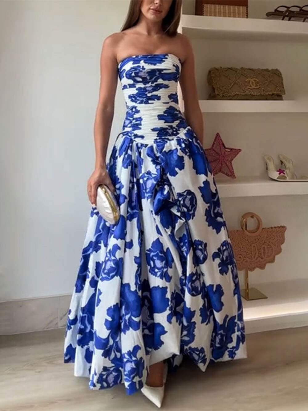 Elegance Perfect Moment Floral Off Shoulder Ruched Bodice Drape Bubble Hem Maxi Dress Blue