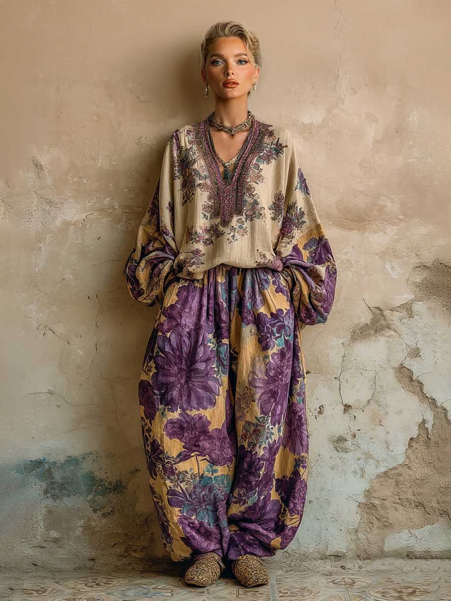 Retro Floral Embroidered V-Neck Loose Top Multi Set