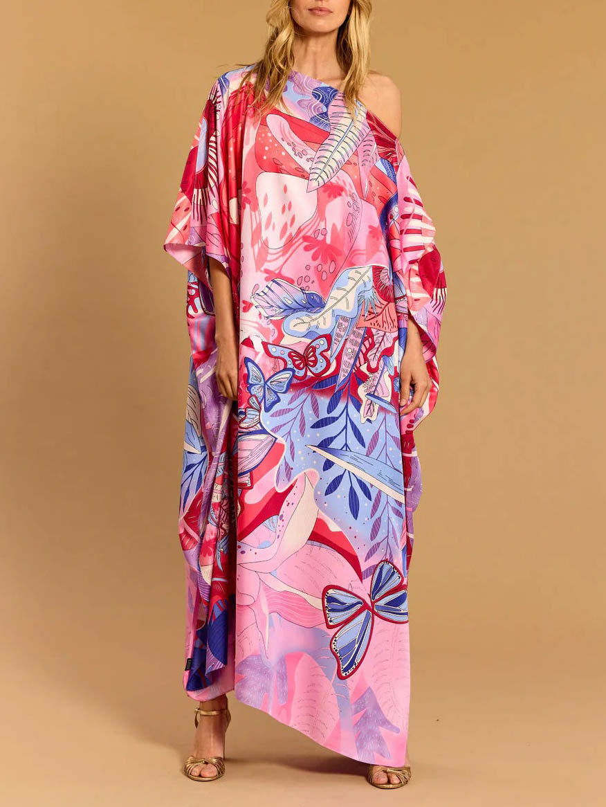 Elegant One-shoulder Satin Printed Maxi Dress Red