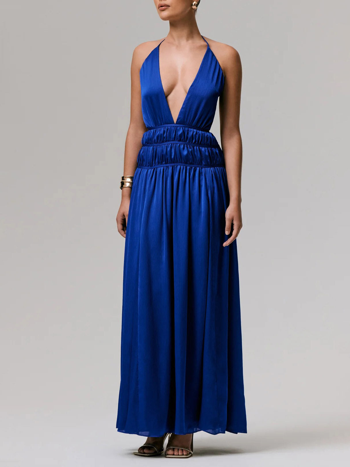 Exquisite Halterneck Lace-up Deep V-neck Satin Maxi Dress Blue