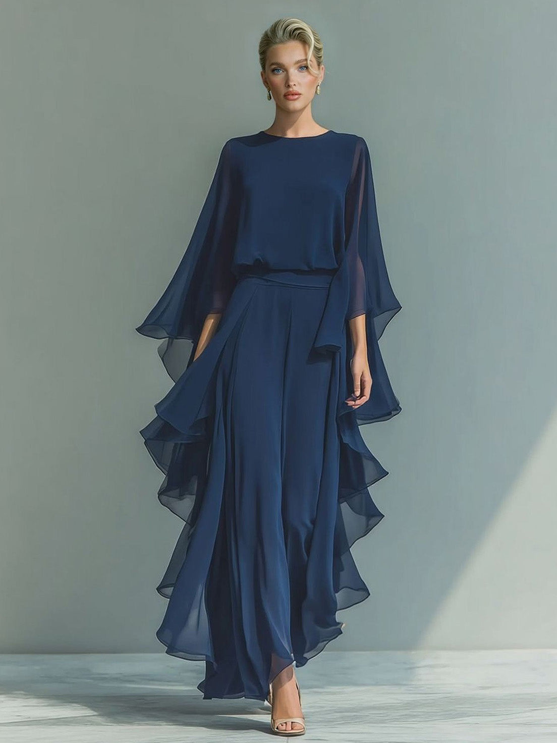 Chiffon Bell-Sleeve Top & Straight-Leg Pants Two-Piece Set Dark Blue