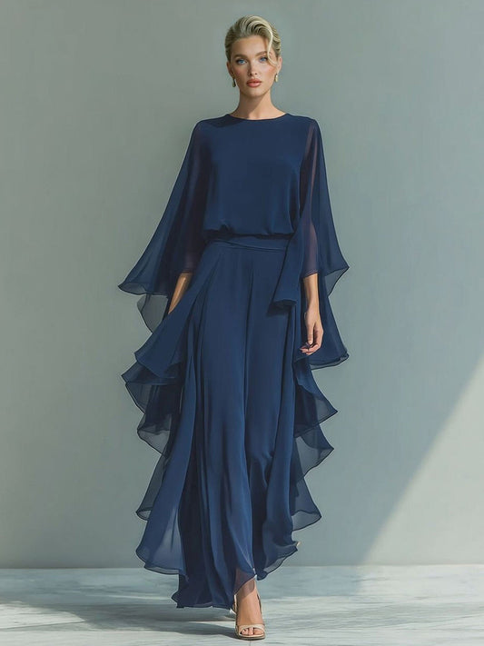 Chiffon Bell-Sleeve Top & Straight-Leg Pants Two-Piece Set Dark Blue