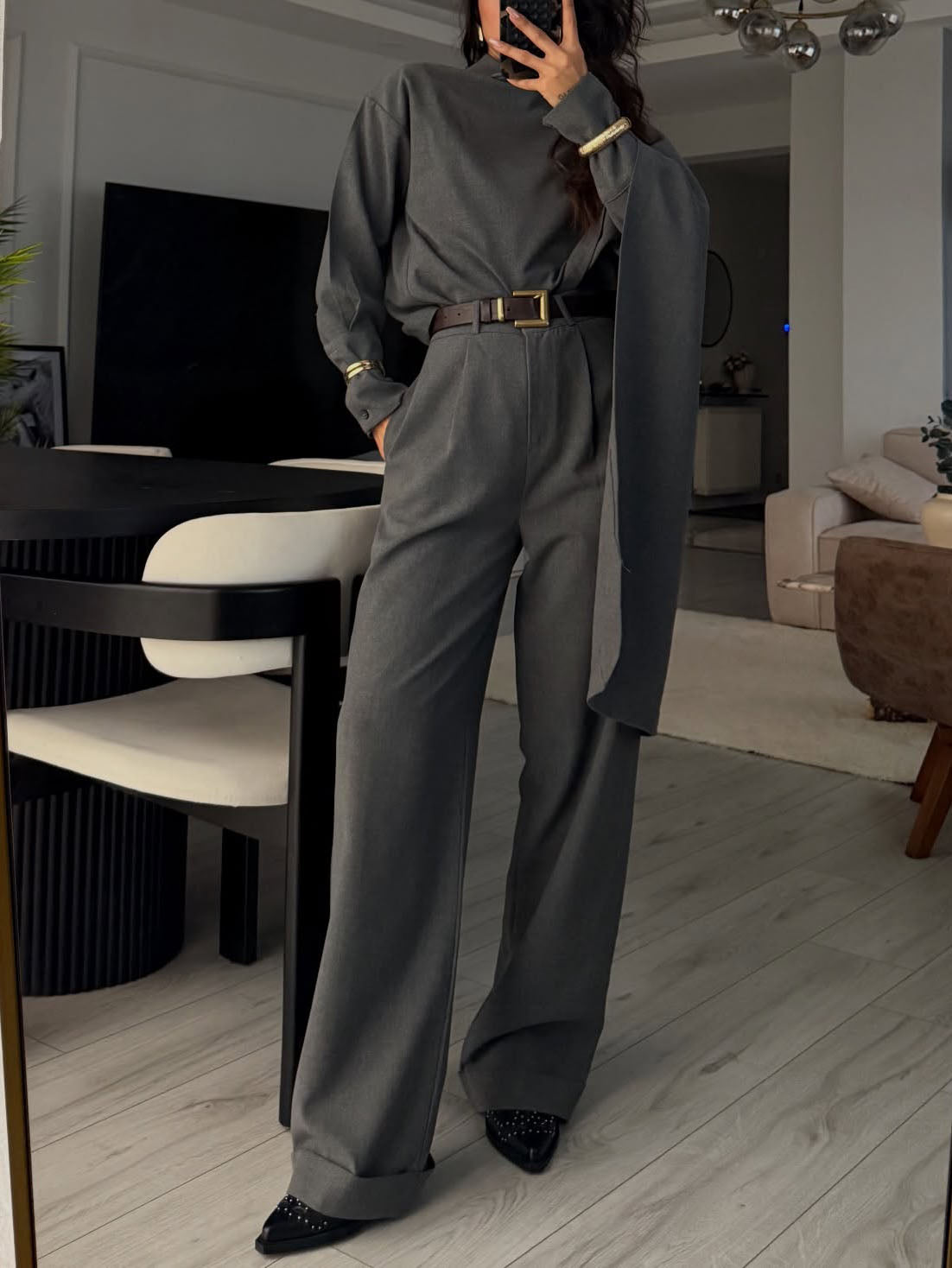 Elegant Draped Shawl Shirt & Wide-Leg Pants Two-Piece Set Grey Set