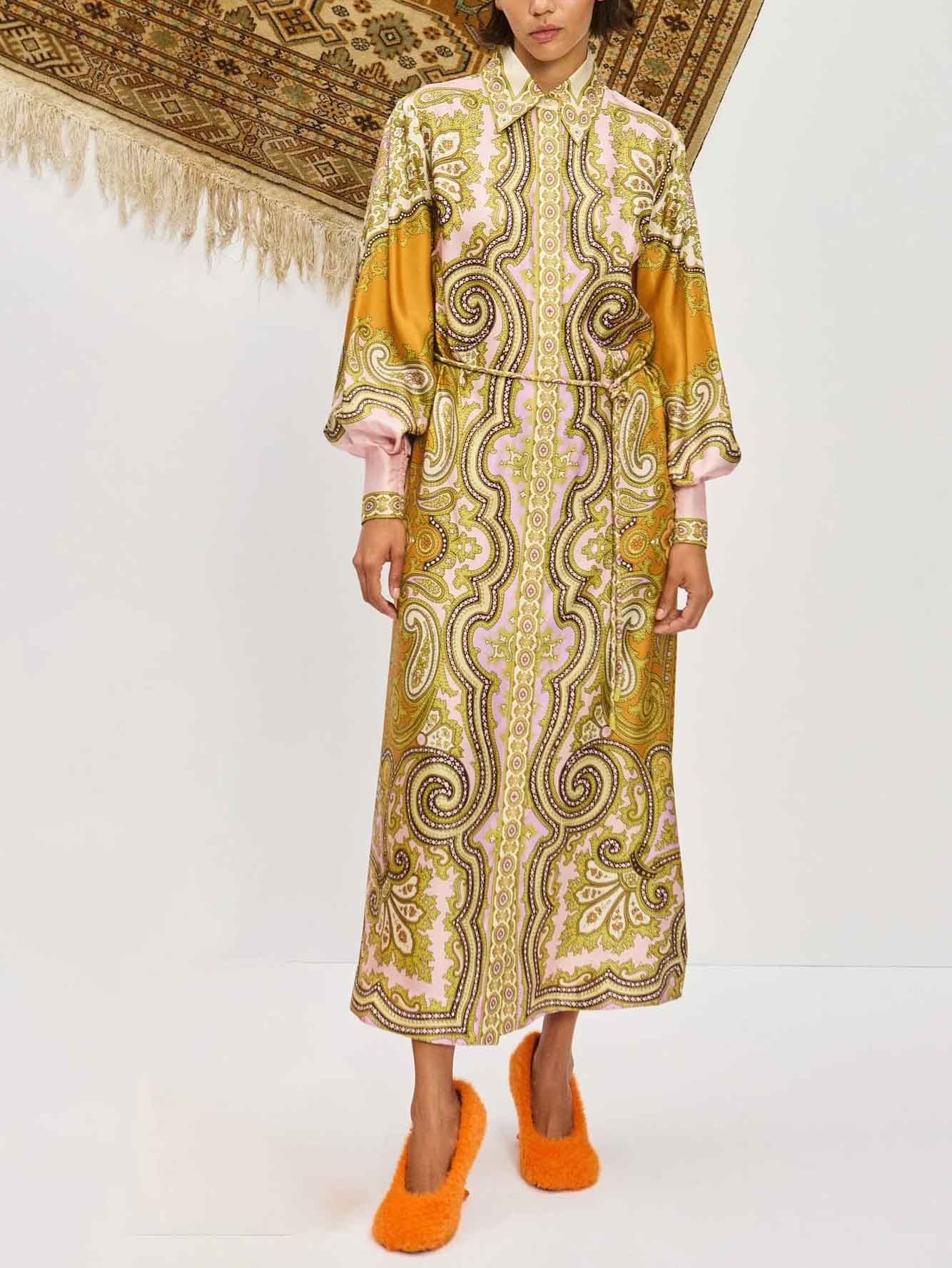 Exquisite Satin Unique Paisley Print Button Maxi Dress Yellow