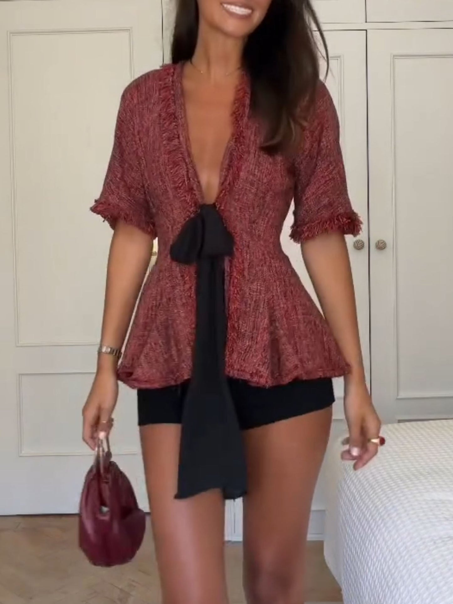 Tweed Peplum Top & Black Shorts Two-Piece Set Red Set