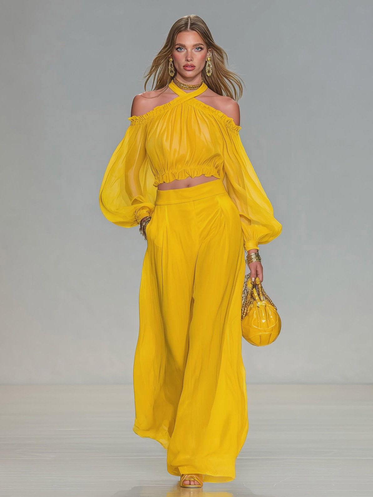 Elegant Off-Shoulder Top & Wide-Leg Pants Two-Piece Set Yellow