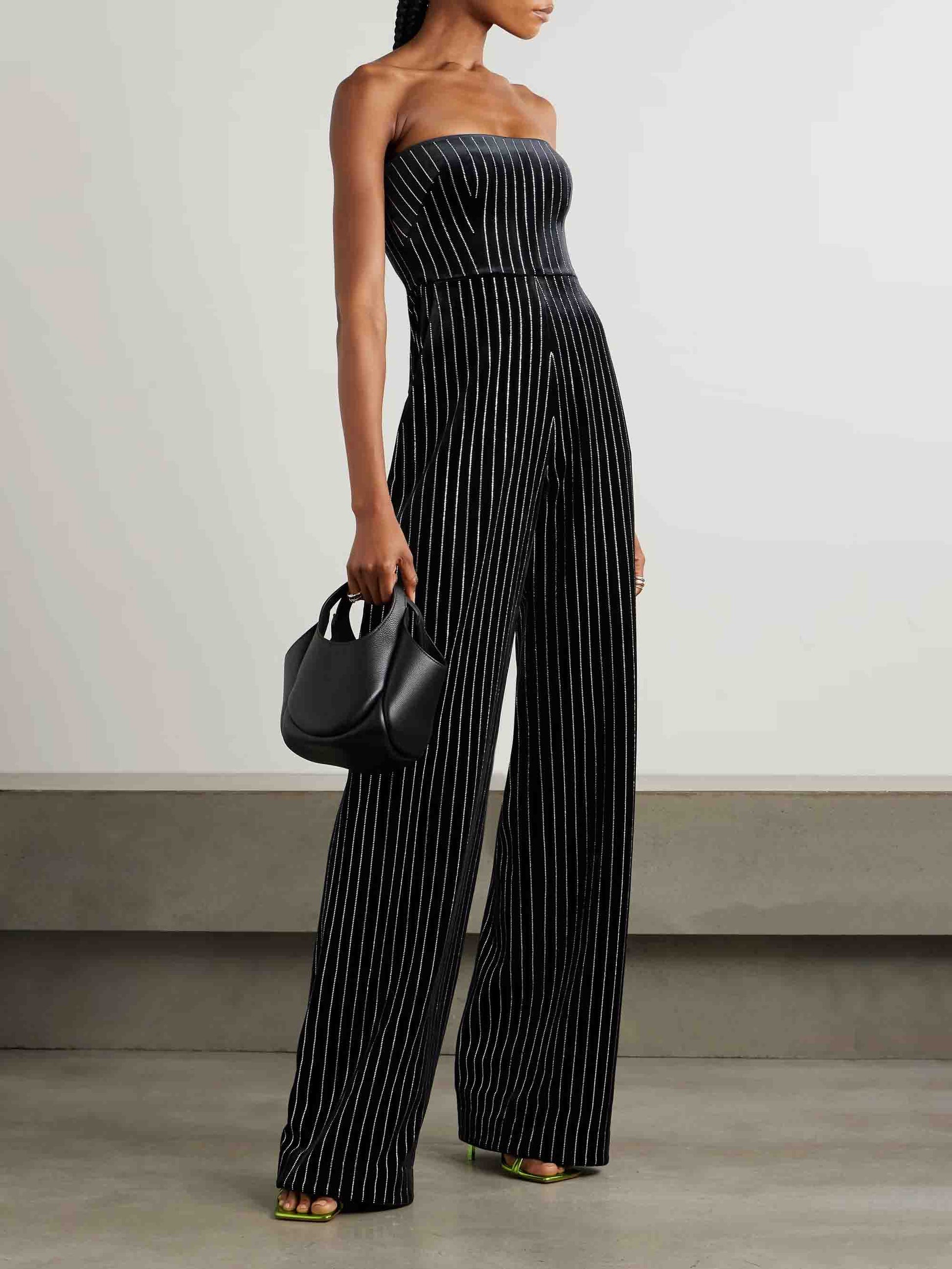 Elegant Silver Striped Print Off-the-shoulder Jumpsuit Black