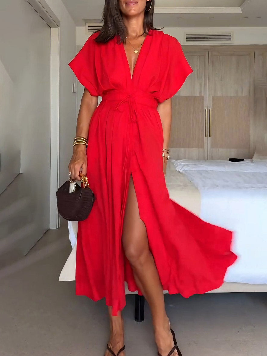 Elegant V-neck Drawstring Pleated Midi Dress Red