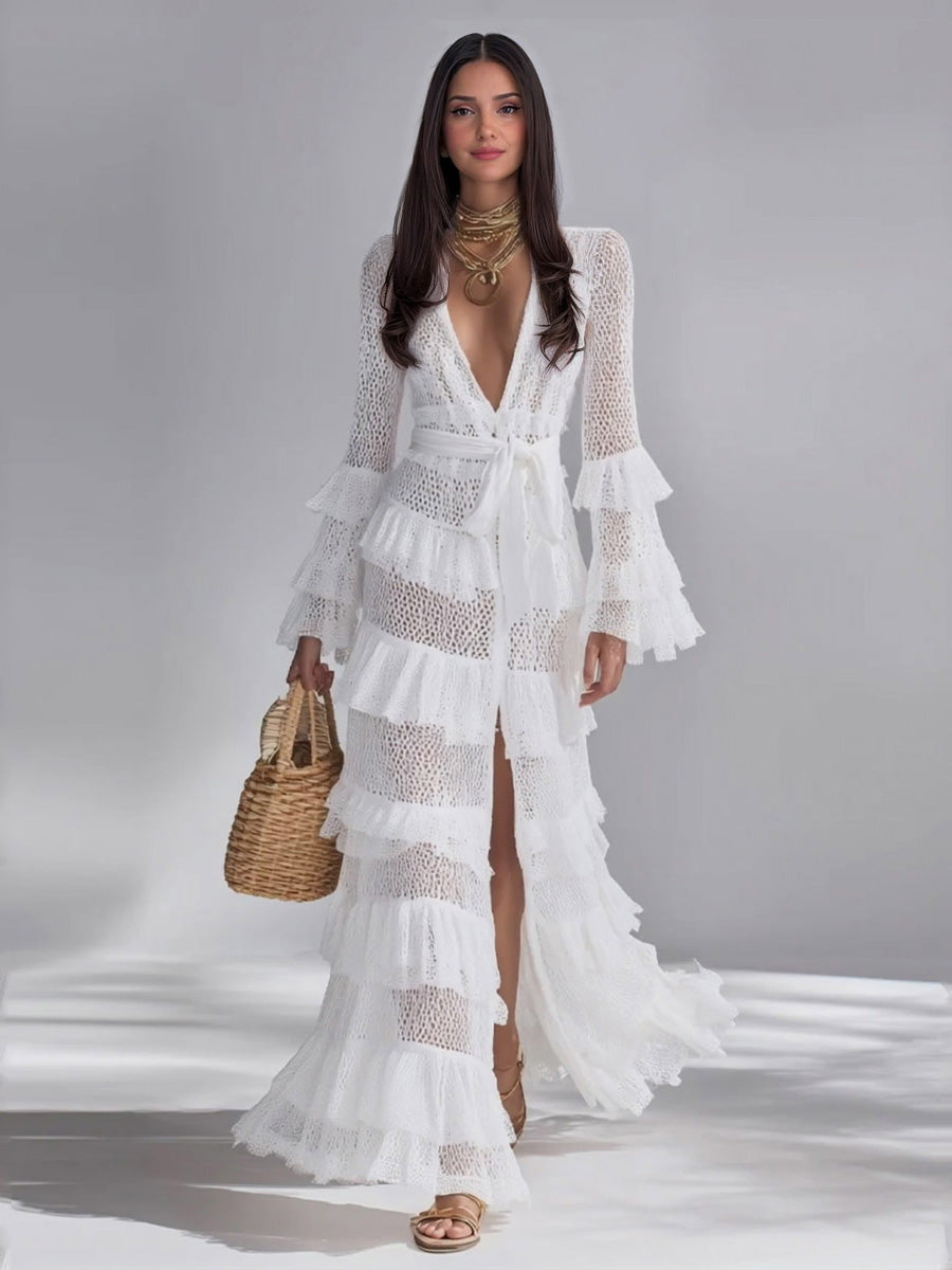 Bohemian Sheer Lace Ruffle Wrap Maxi Dress White
