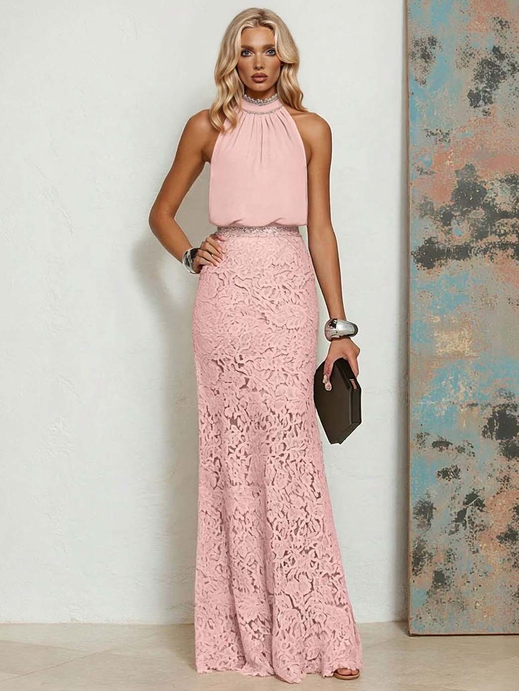 Elegant Chiffon Lace Backless Mermaid Maxi Dress Pink