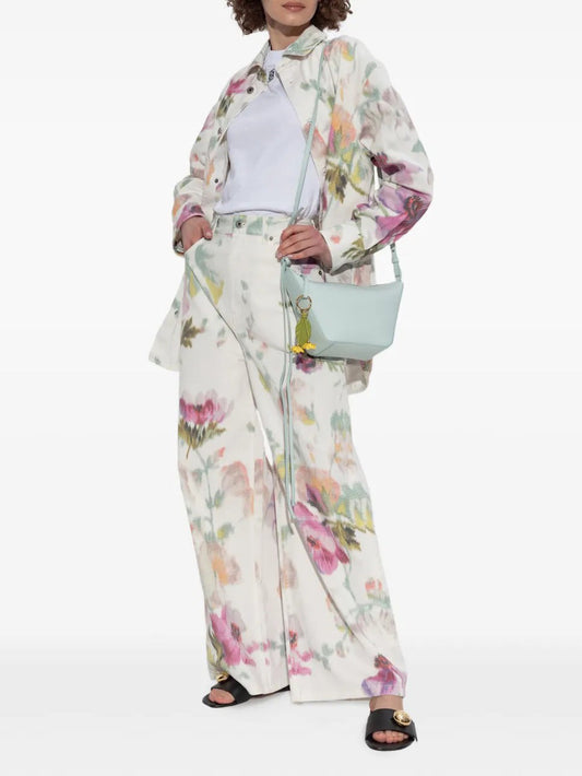 Elegant Neutral Floral Print Button-Down Pants