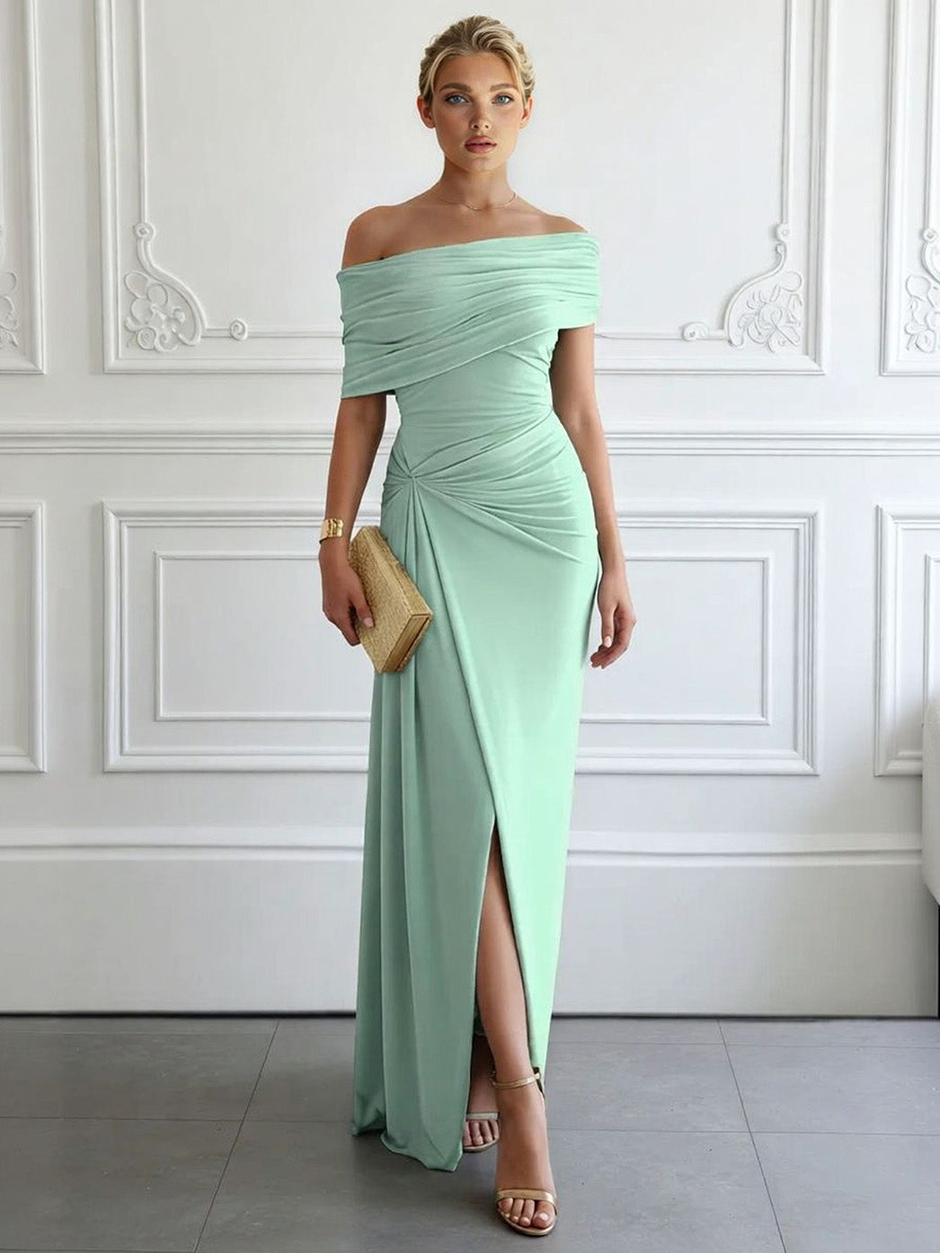 Elegant Off-Shoulder Ruched Slit Maxi Dress Green