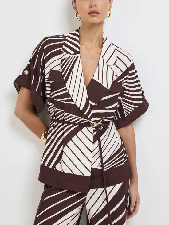 Chic Abstract Stripe Suit Collar Shirt Brown