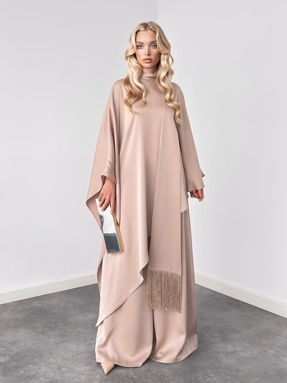 Elegant High-Neck Draped Top And Wide-Leg Pants Set Apricot