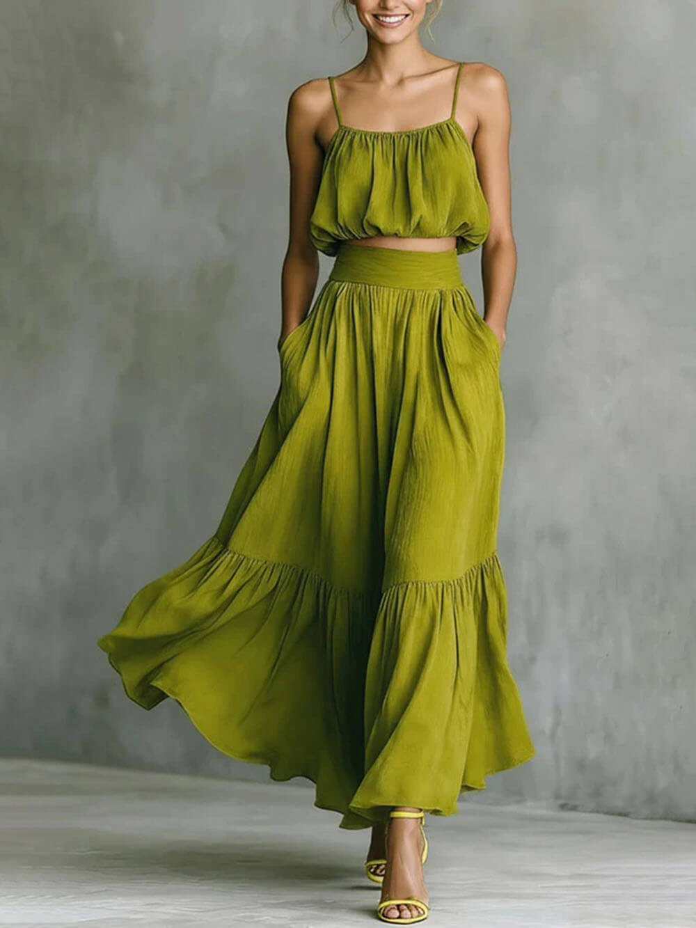 Fashion Linen Blend Bubble Slip Tank and High Rise Pocket A-line Maxi Skirt Set Green