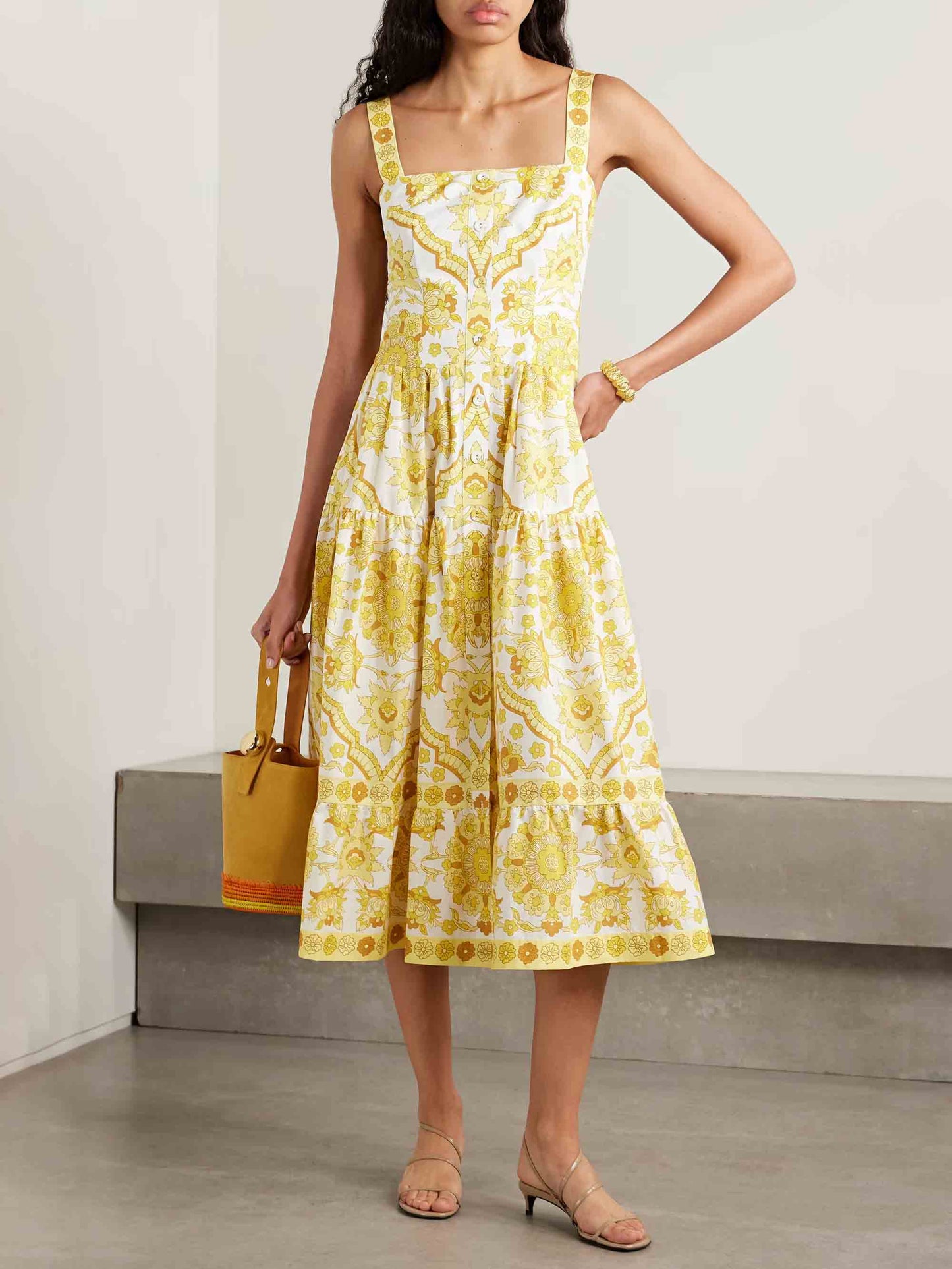 Exquisite Tile Floral Print Buttoned Midi Dress Yellow