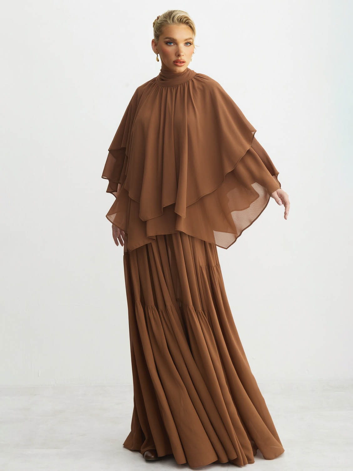 Elegant Chiffon Cape Top And Tiered Maxi Skirt Two-Piece Set Brown Set