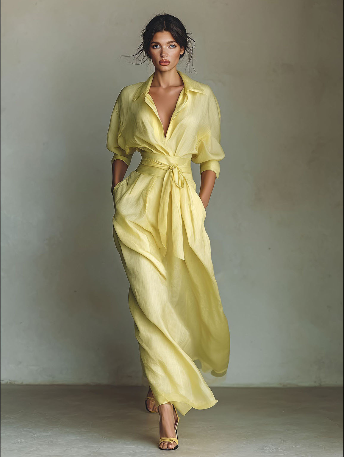 Casual Tie-Waist Shirt Maxi Dress Yellow