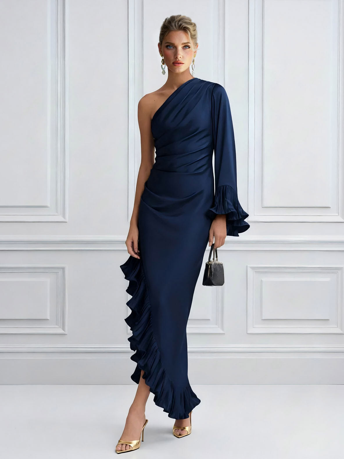 One-Shoulder Ruffle Trim Satin Maxi Dress Dark Blue