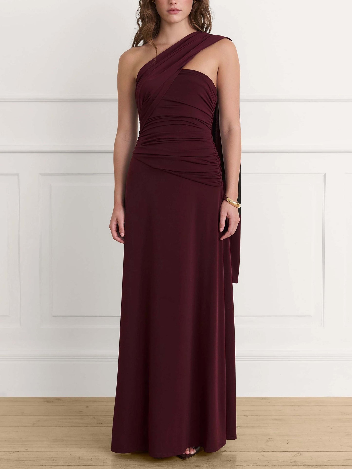 Elegant One-shoulder Draped Pleated Fitted Maxi Dress Dark Red