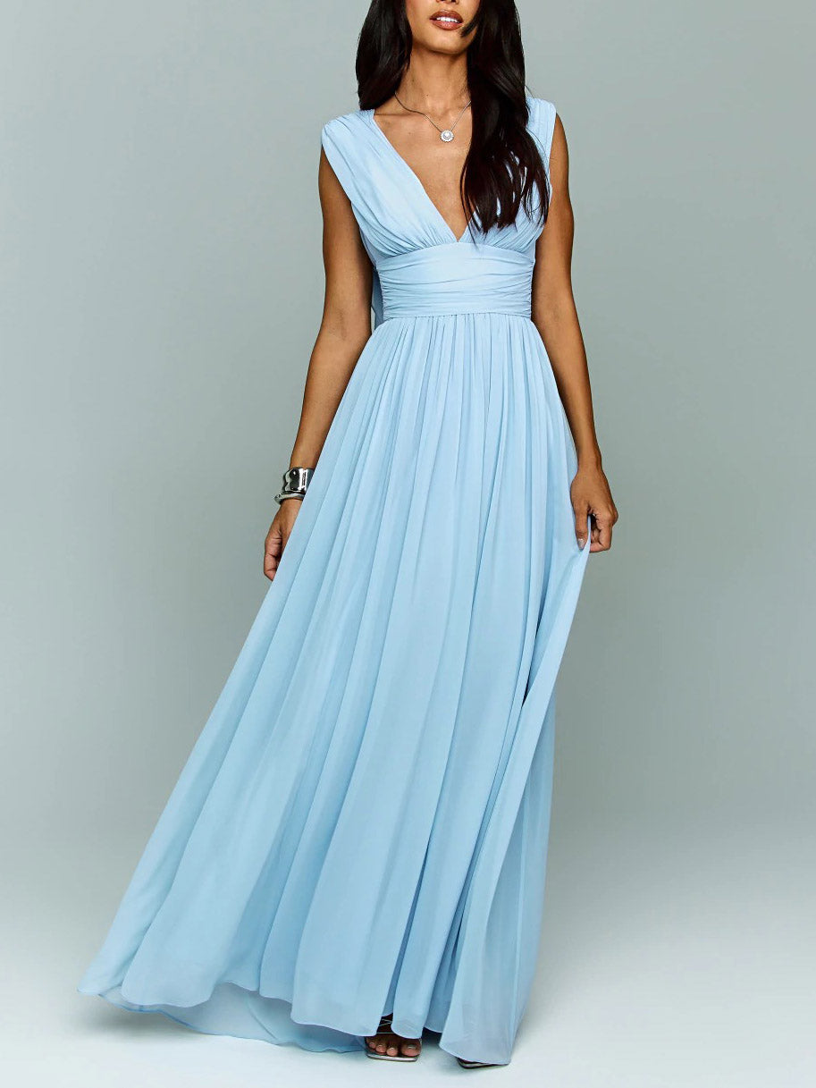 Elegant Chiffon Backless Ruched Maxi Dress Blue