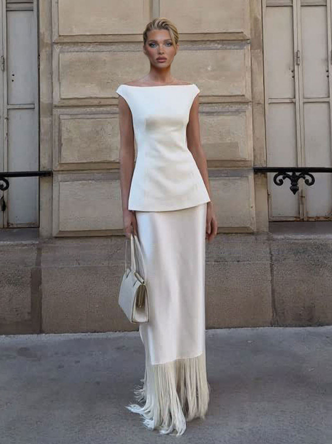 Elegant Satin Fringe Hem Skirt Two-Piece Set White