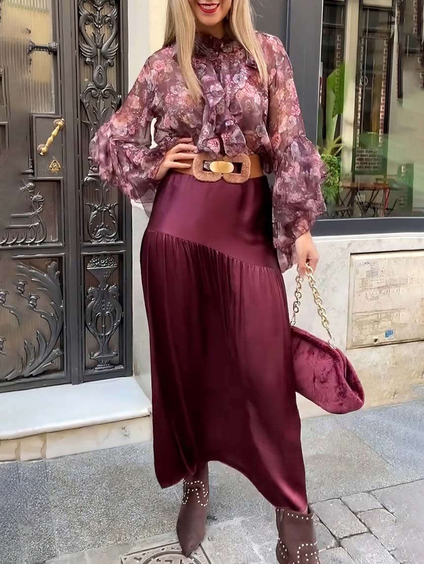Elegant Floral Ruffled Chiffon Shirt And Skirt Two-piece Set Red Set