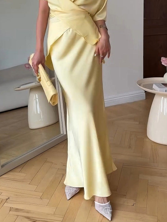 Elegant Draped Satin Fishtail Skirt Yellow