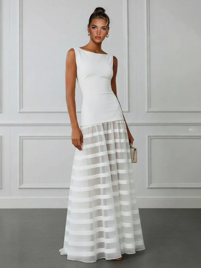 Elegant Boat Neck Striped Tulle Maxi Dress White
