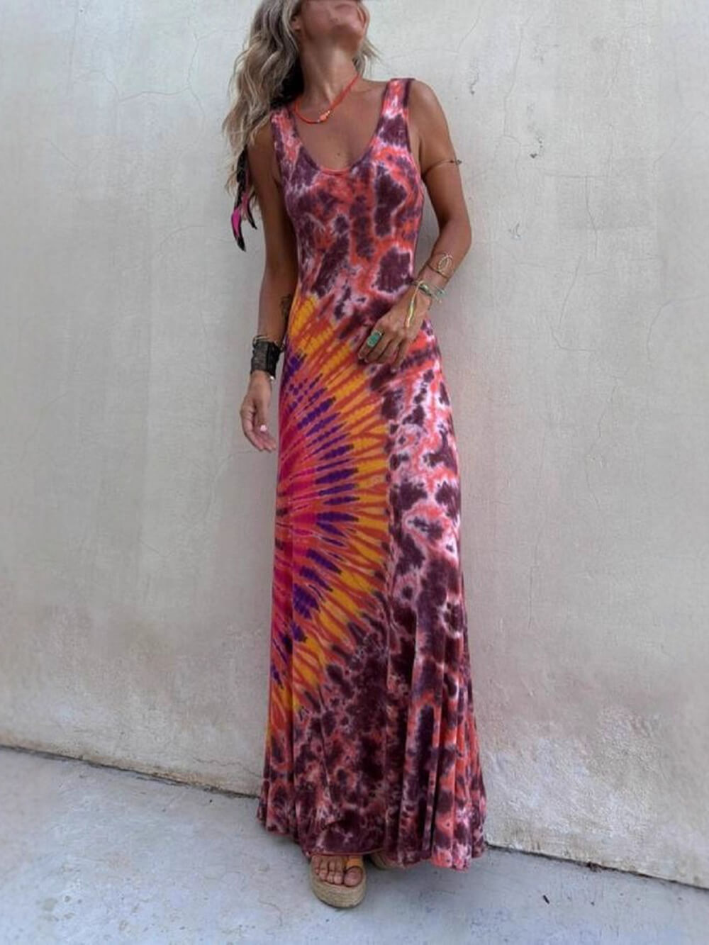 Unique Summer Placement Print Sleeveless Back-Tie Maxi Dress Multicolor