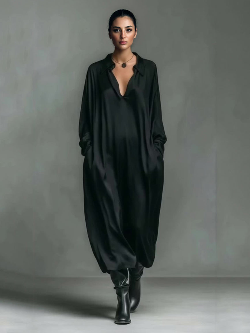 Elegant Satin Low-Cut Shirt Maxi Dress Black