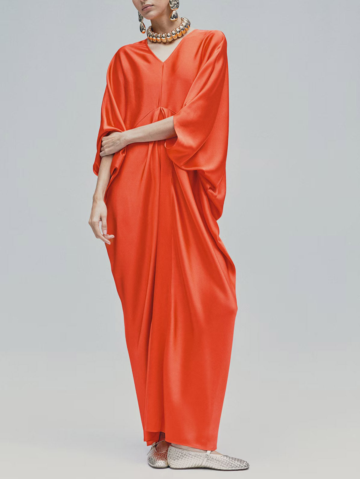 Elegant V-neck Satin Robe Maxi Dress Orange