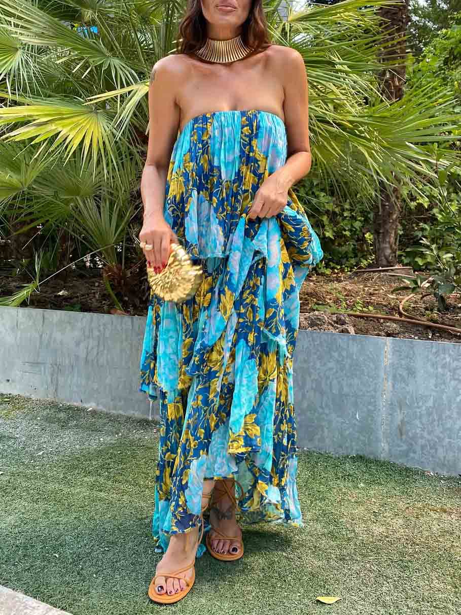 Elegant Floral Print Off-the-shoulder Split Maxi Dress Blue