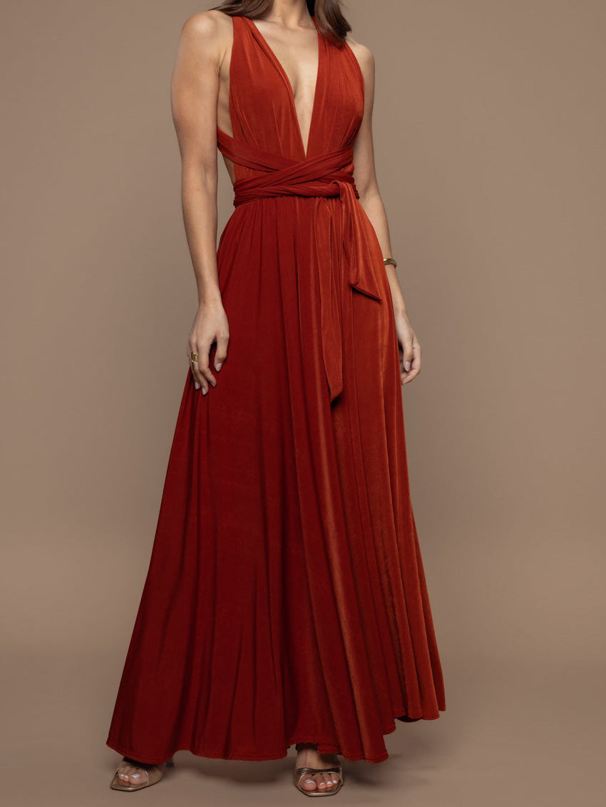 Elegant Halter Neck Draped Tie-Waist Maxi Dress Orange