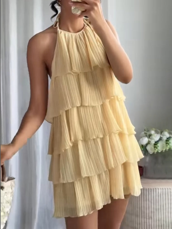 Elegant Halterneck Tiered Mini Dress Yellow