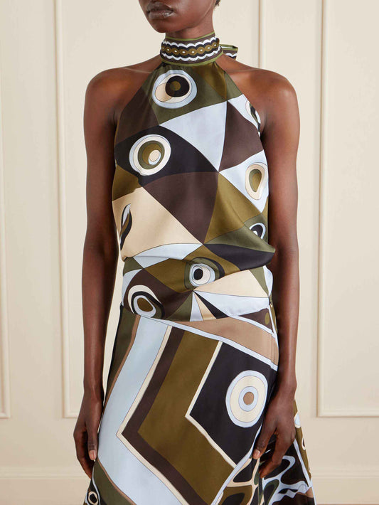 Retro Geometric Print Asymmetrical Skirt Two-Piece Set
