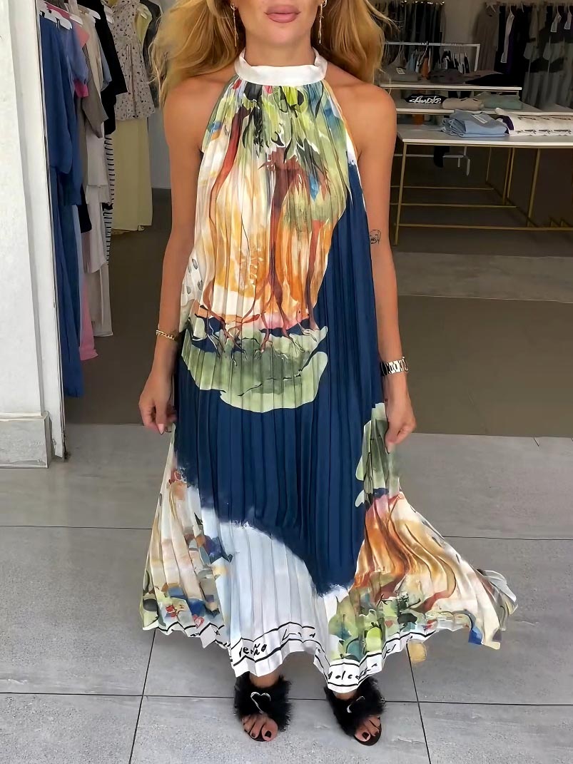 Unique Abstract Landscape Print Pleated Maxi Dress Dark blue