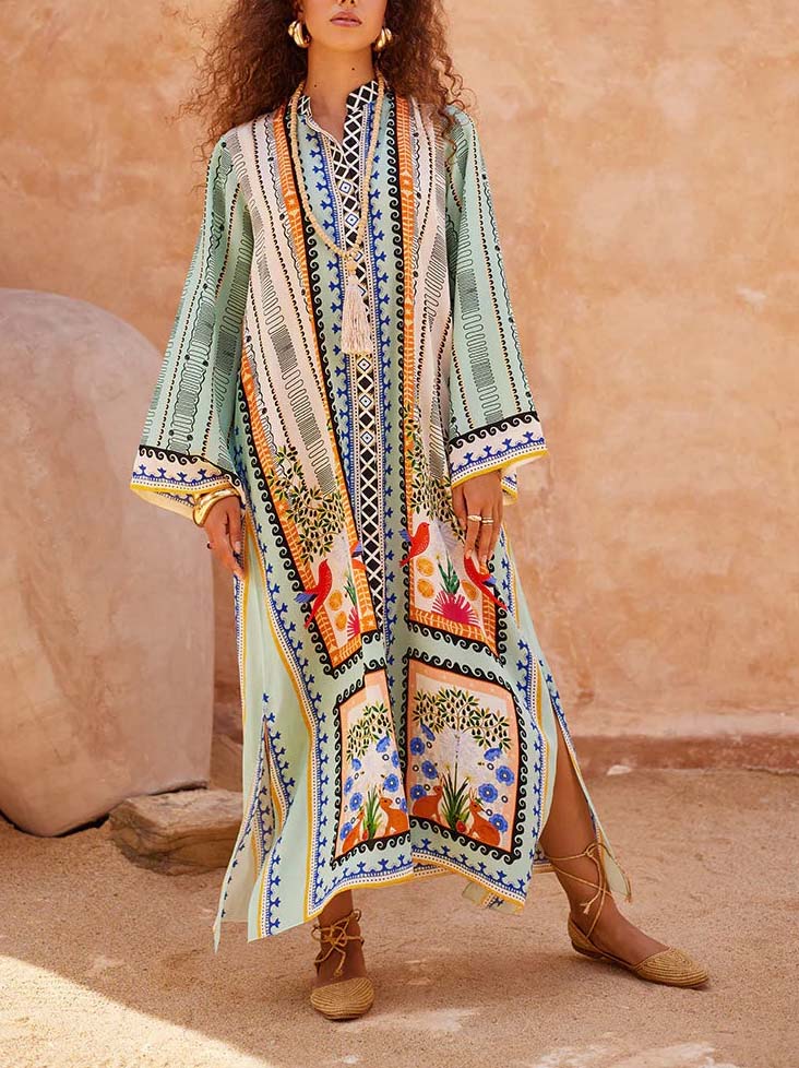 Unique Floral Print Kaftan Maxi Dress Green