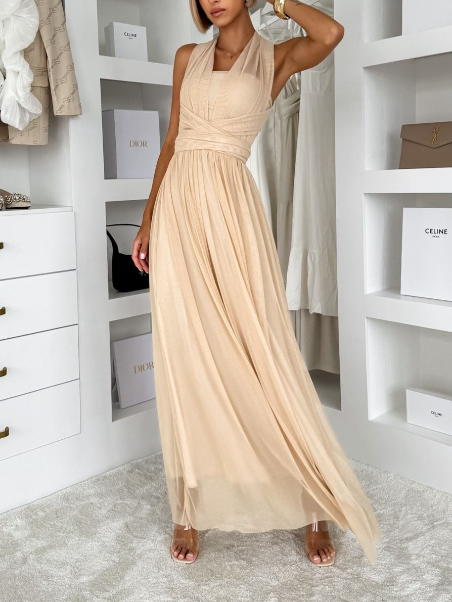 Elegant Sleeveless Mesh Ruched Convertible Maxi Dress Apricot