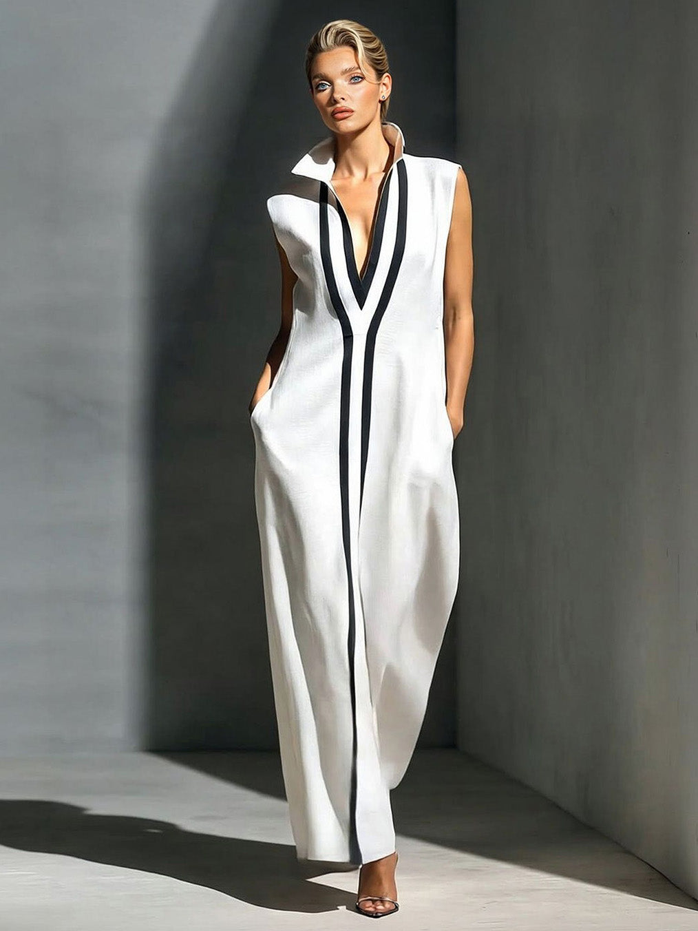 Elegant Sleeveless Deep V-Neck Contrast-Trim Maxi Dress White