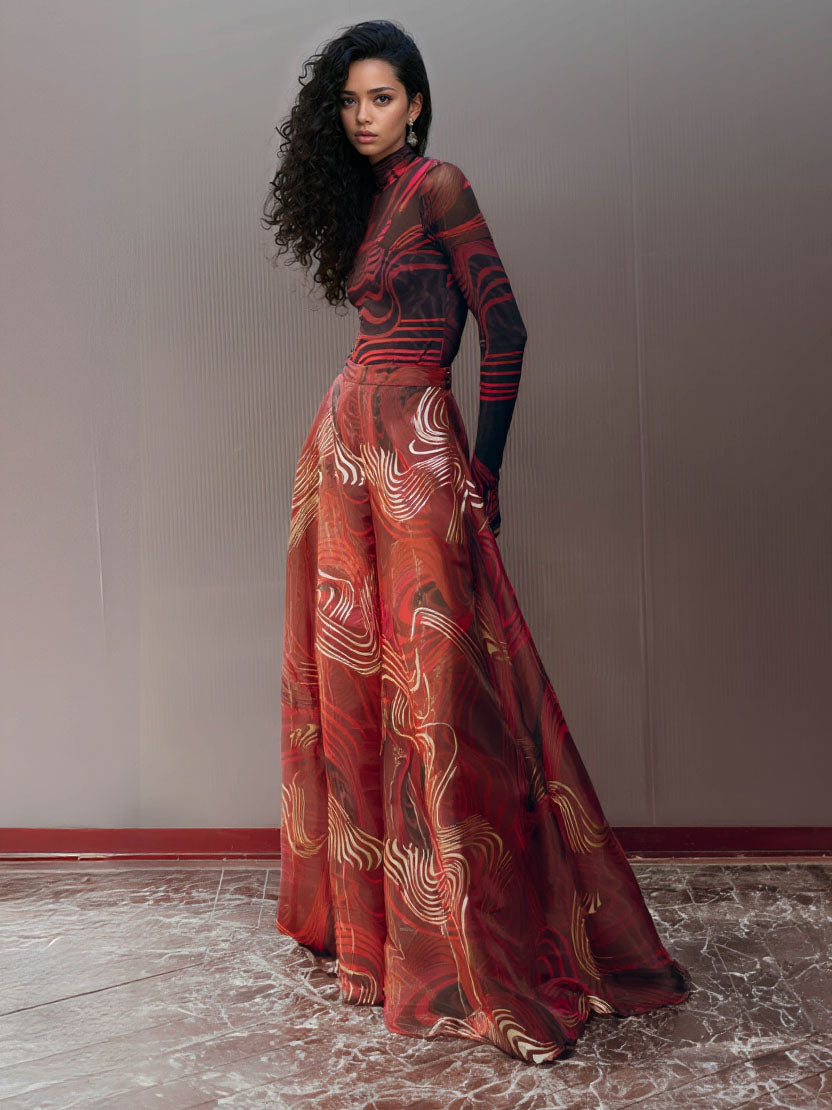 Retro Abstract Print Mesh T-shirt & Wide-leg Pants Two-piece Set