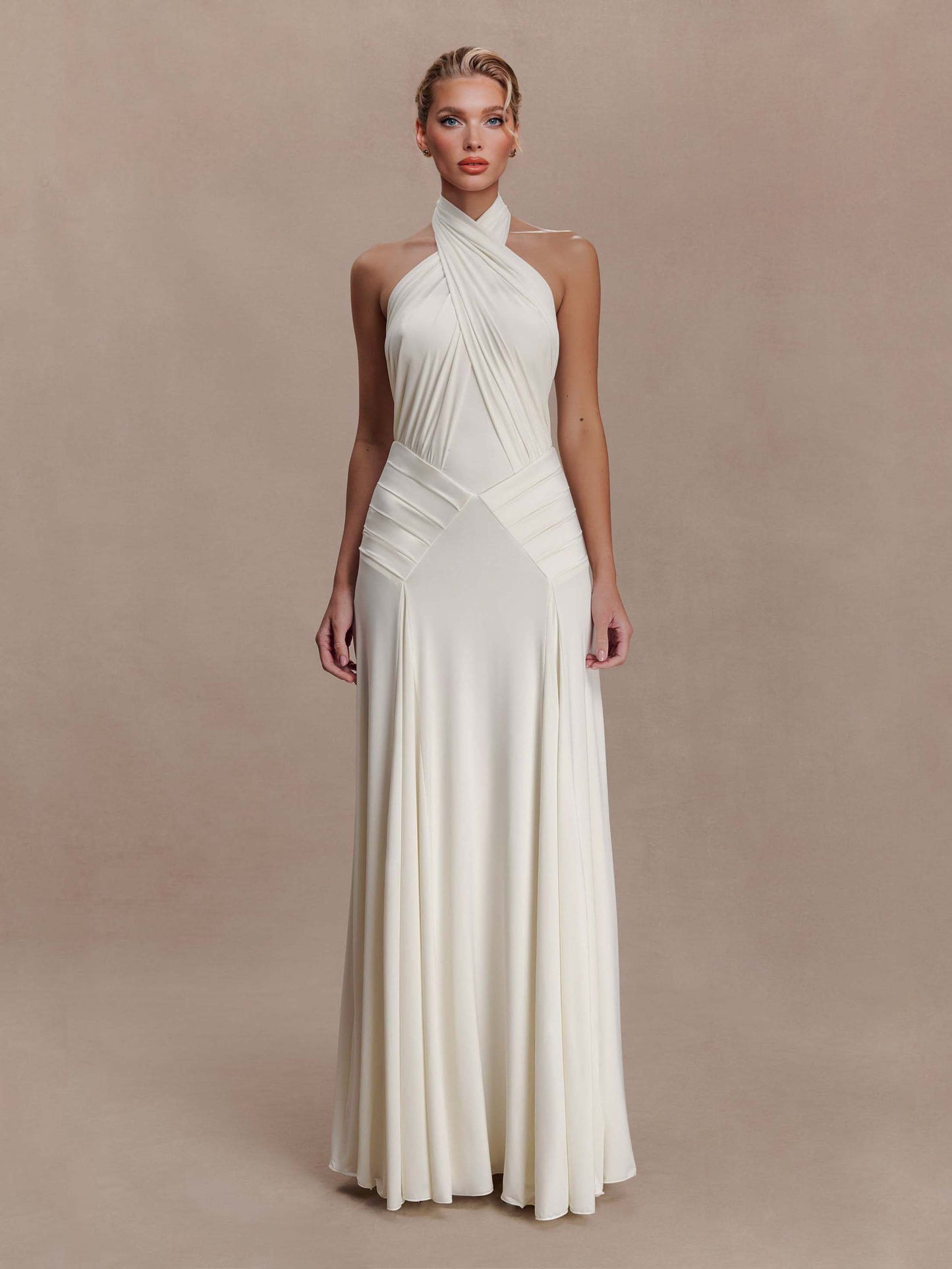 Elegant Pleated Fitted Backless Maxi Dress Cream