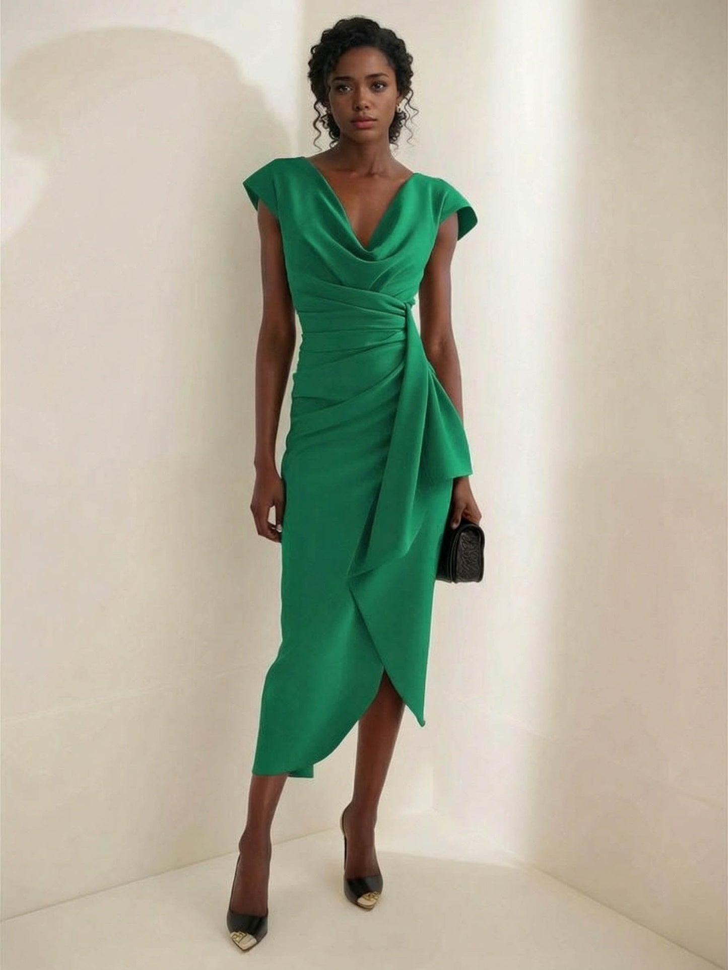 Elegant Draped Neckline Fitted Midi Dress Green