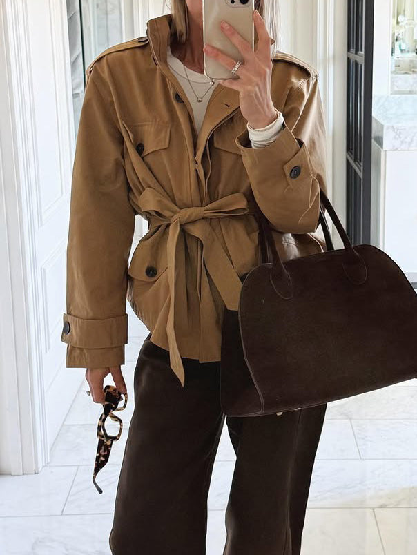 Fashionable Street-style Cropped Trench Coat Khaki