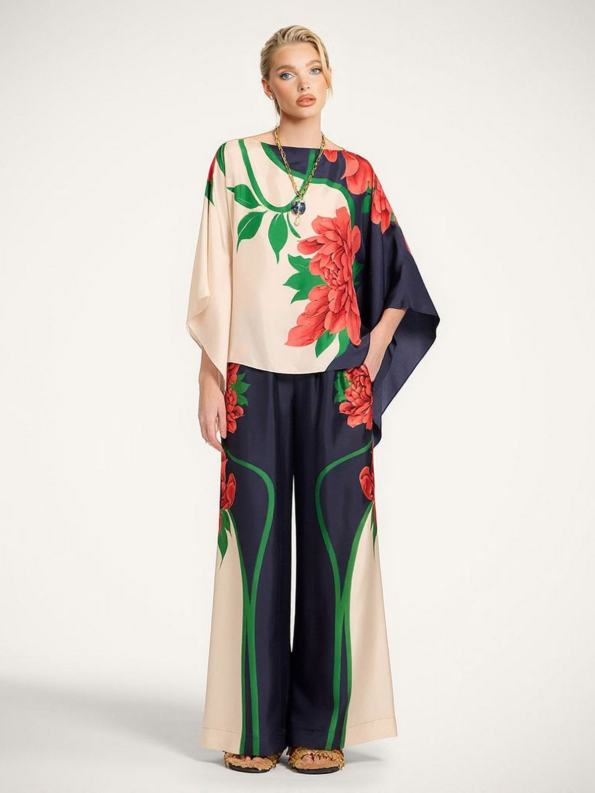 Paisley Print Asymmetric Sleeve Shirt & Wide-Leg Pants Two-Piece Set Multi