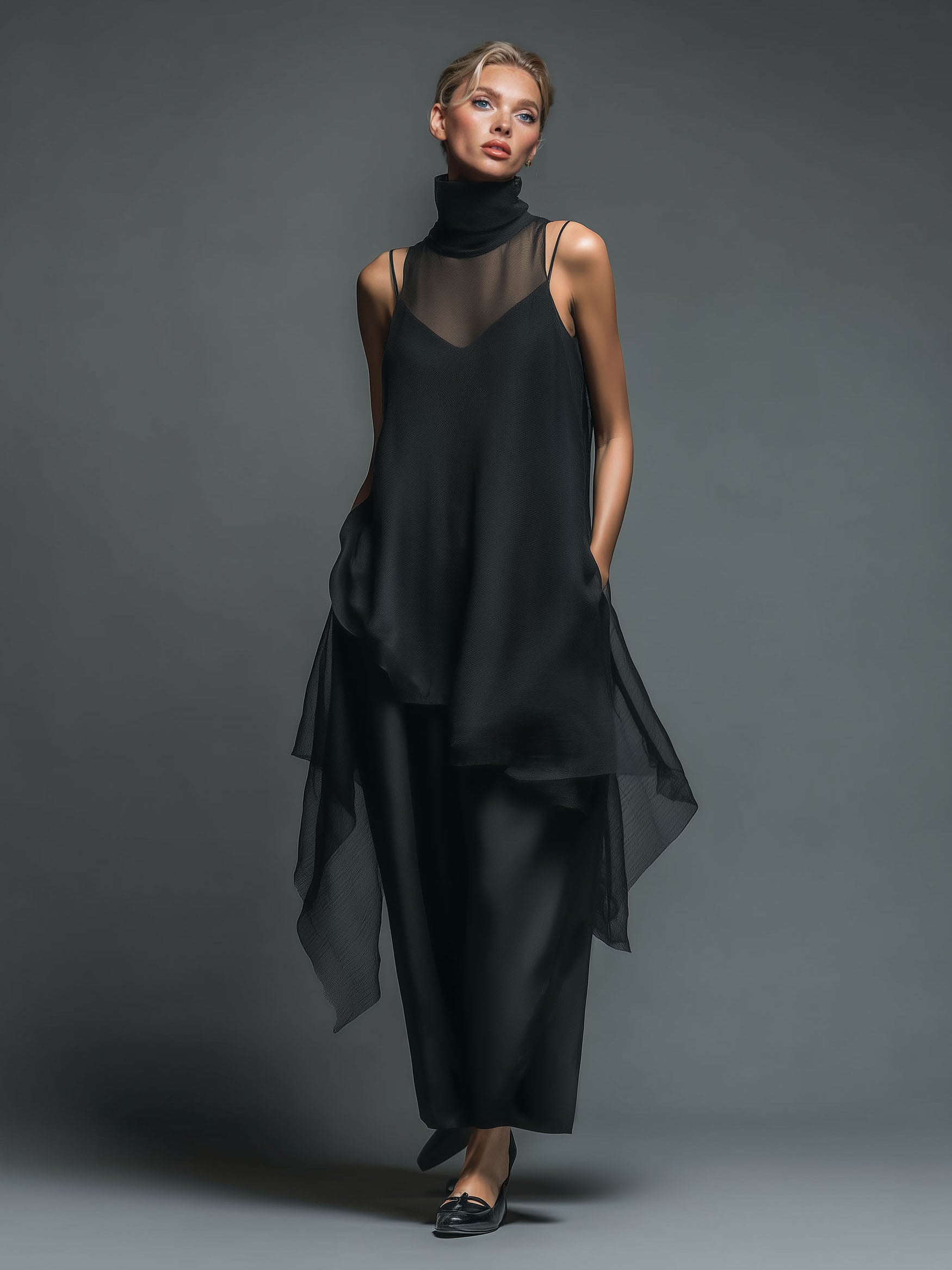 Elegant Sheer Tulle Asymmetric Dress Set Black