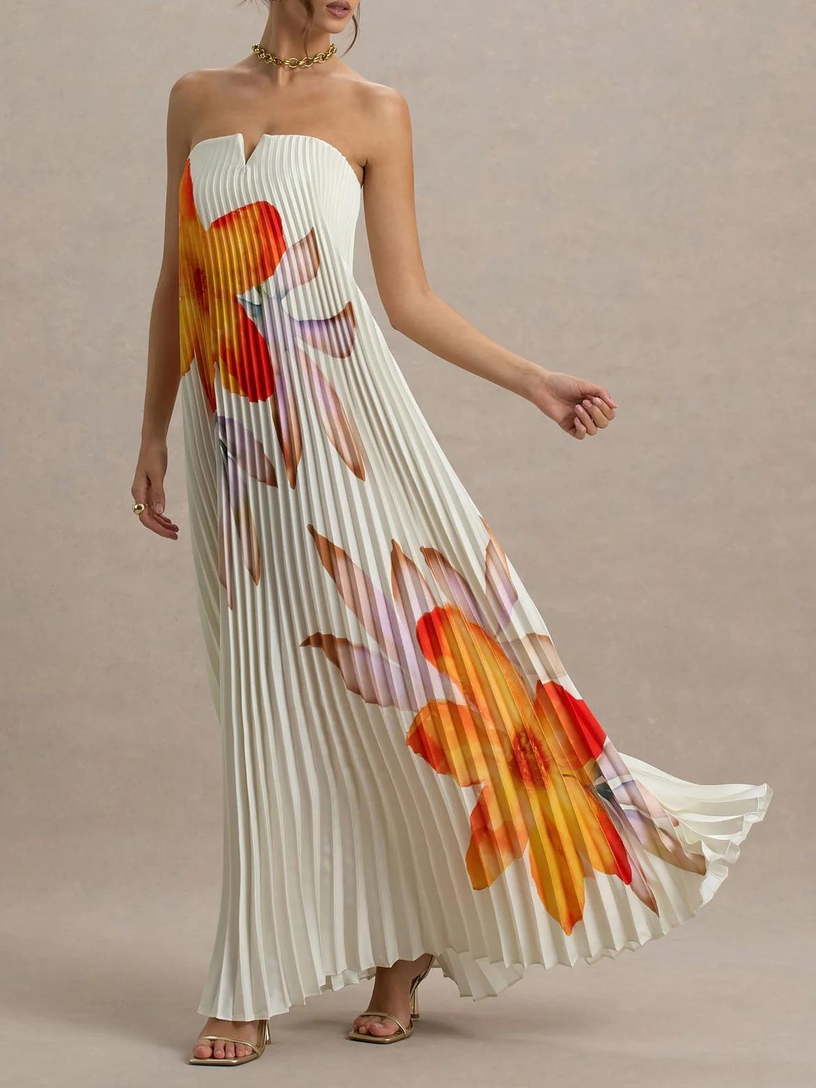Elegant Sweetheart Orange Floral Print Pleated Maxi Dress Cream