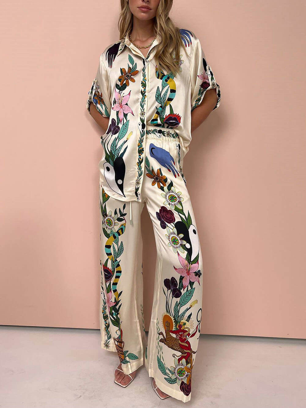 Modern Sophisticated Feel Satin Unique Print Oversized Blouse Elastic Waist Pocketed Wide Leg Pants Set Multicolor