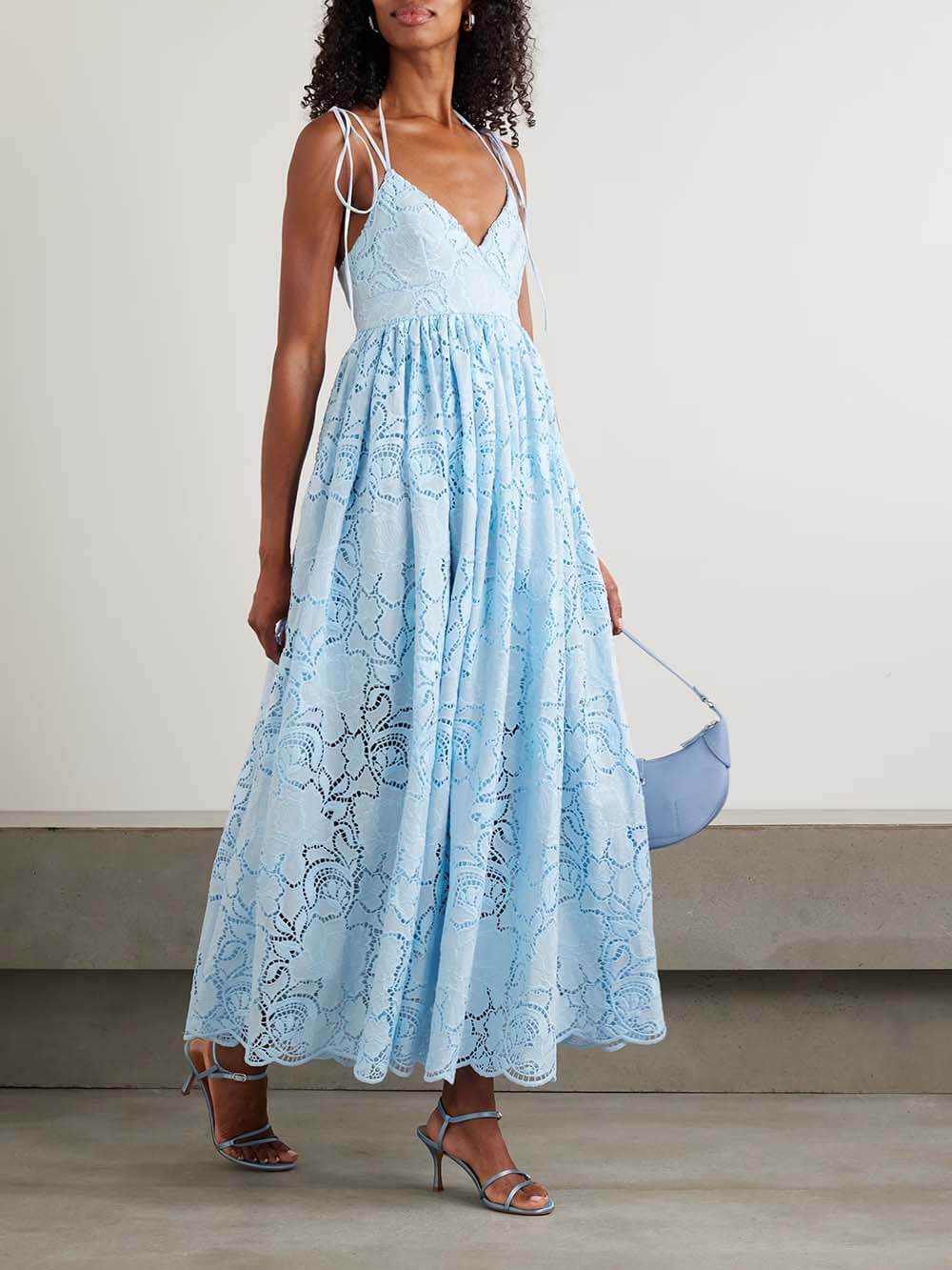Exquisite Pleated Lace Cutout Maxi Dress Light Blue